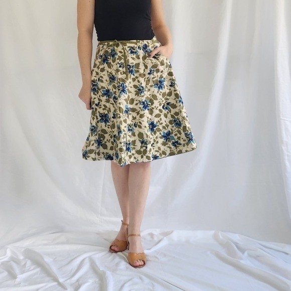 70s Green and Blue Floral Reversible Wrap Skirt