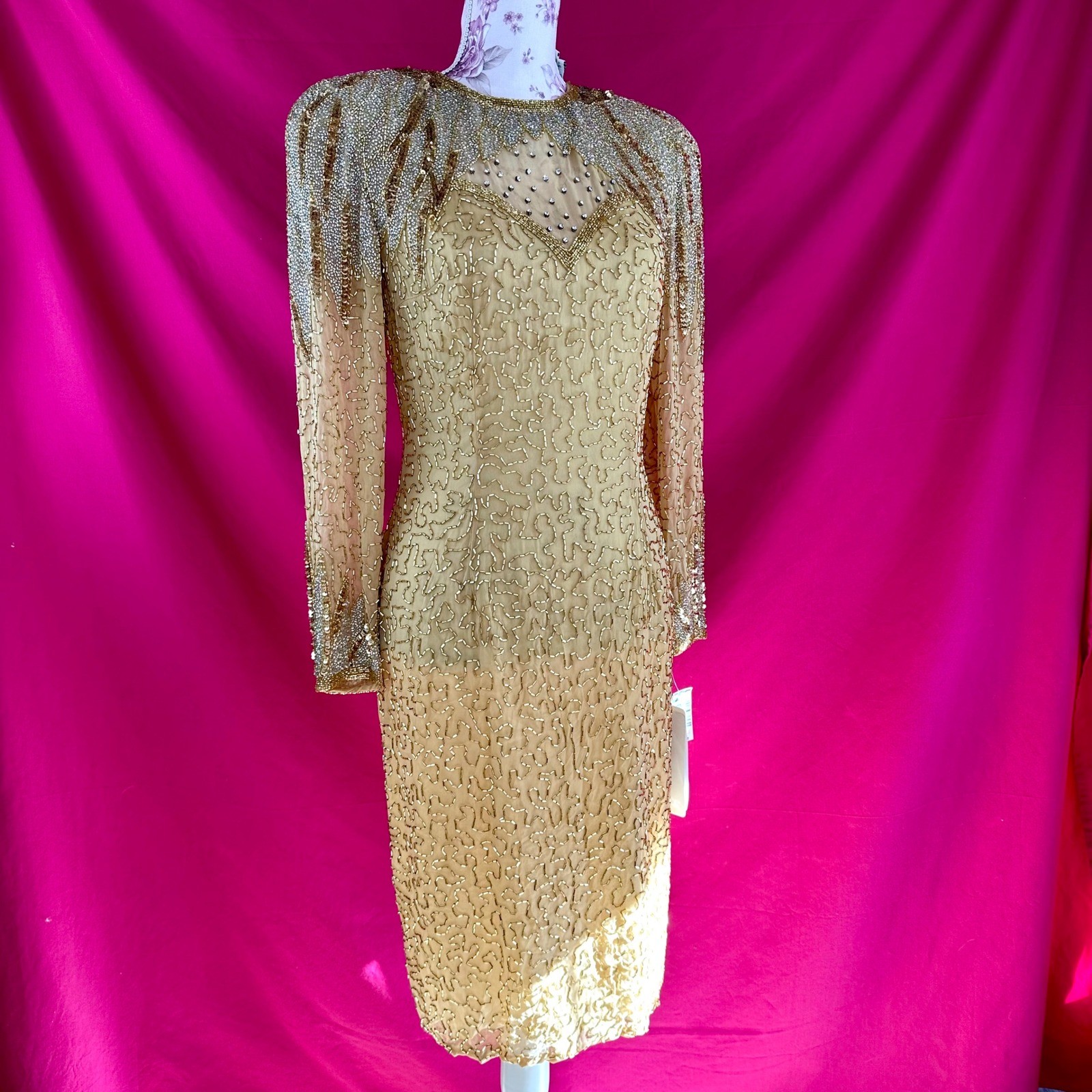 NWT Beaded Sequin Rhinestone Silk Gold Party Midi Dress Oleg Cassini Size 6 NYE