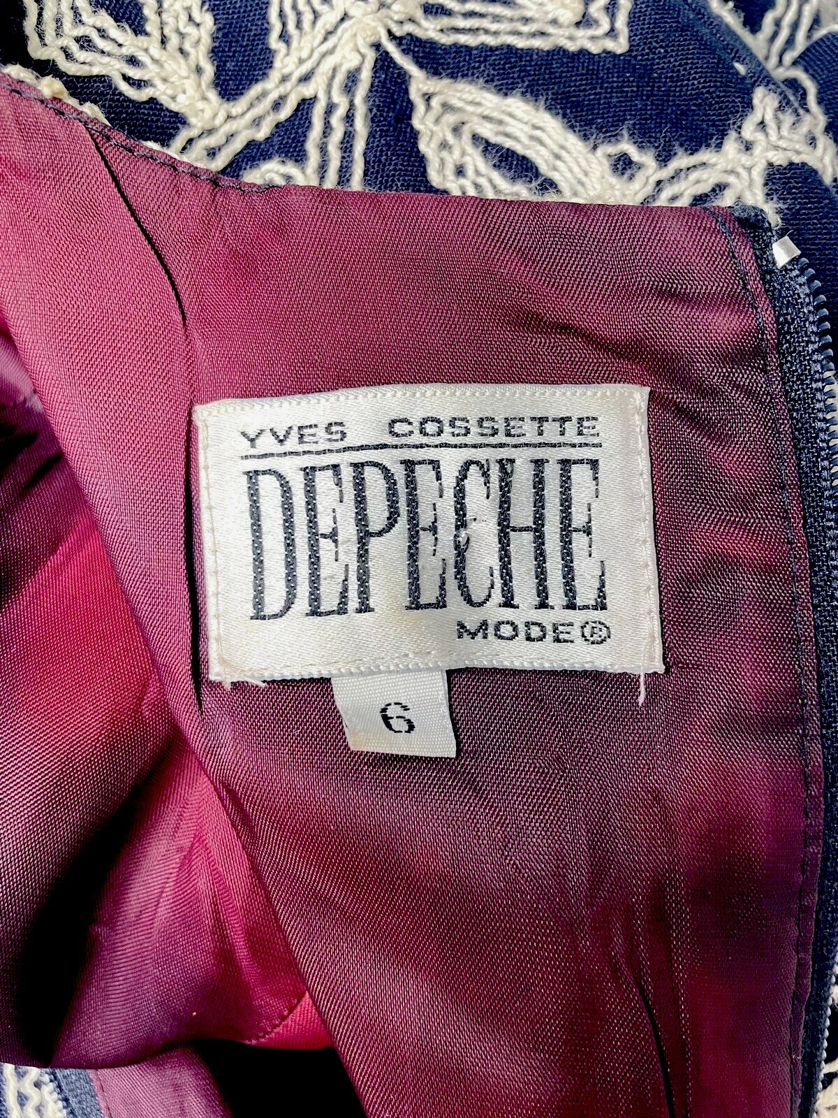 Vintage 1970s Yves Cossette Depeche Mode Size 6 Navy & Ivory Embroidered Dress