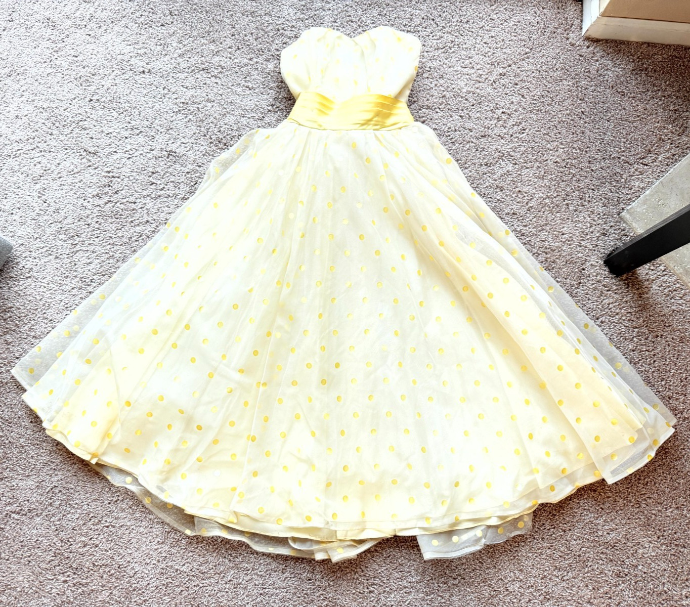 Vintage 1950s White Dress Yellow Polka Dots Tulle Chiffon Union Made