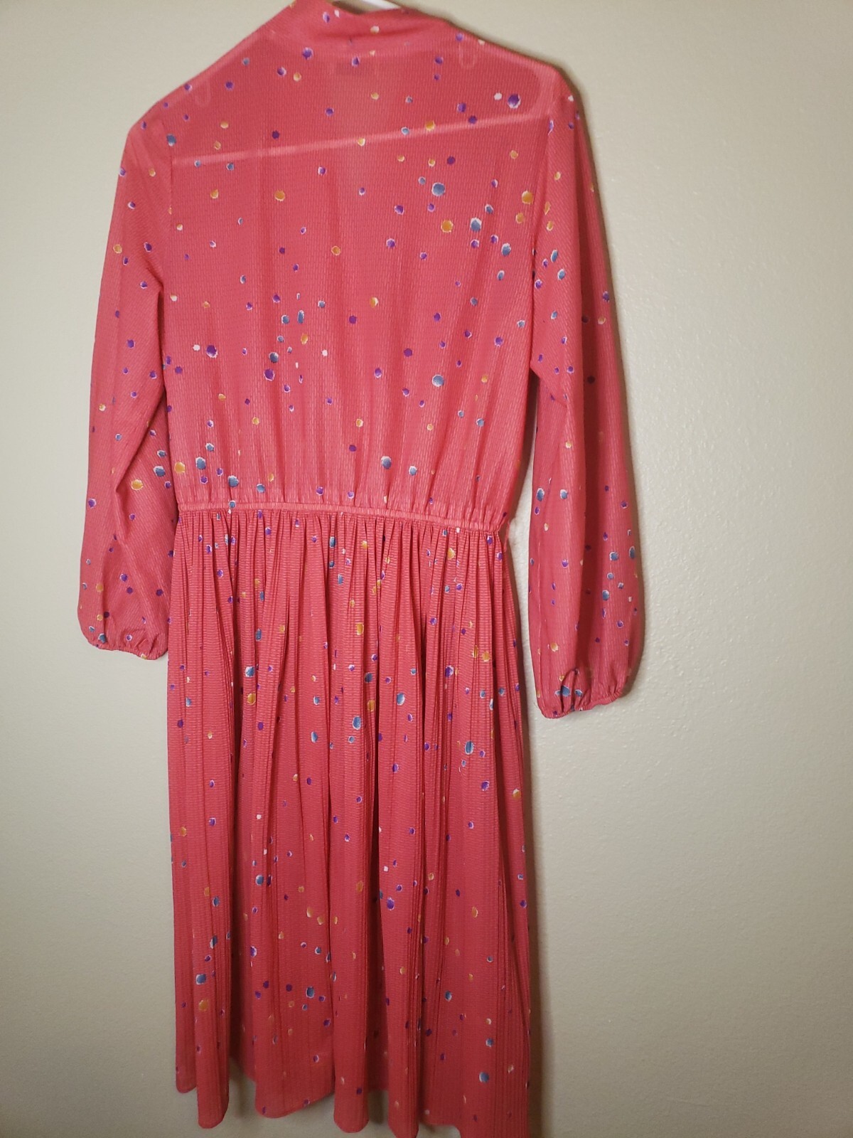 Vintage Mavinette Women’s Coral Dotted Long Sleeve Pleated Faux Wrap Dress