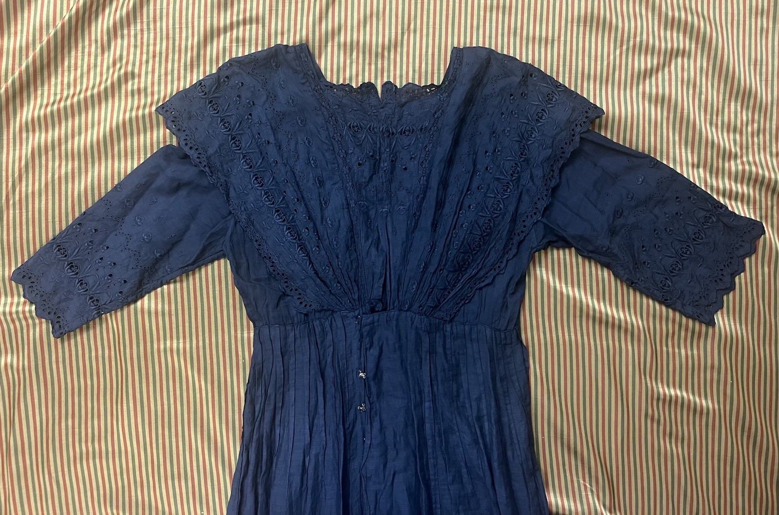 Antique Edwardian Black Cotton Dress Embroidered Eyelet Lace Sz XXS