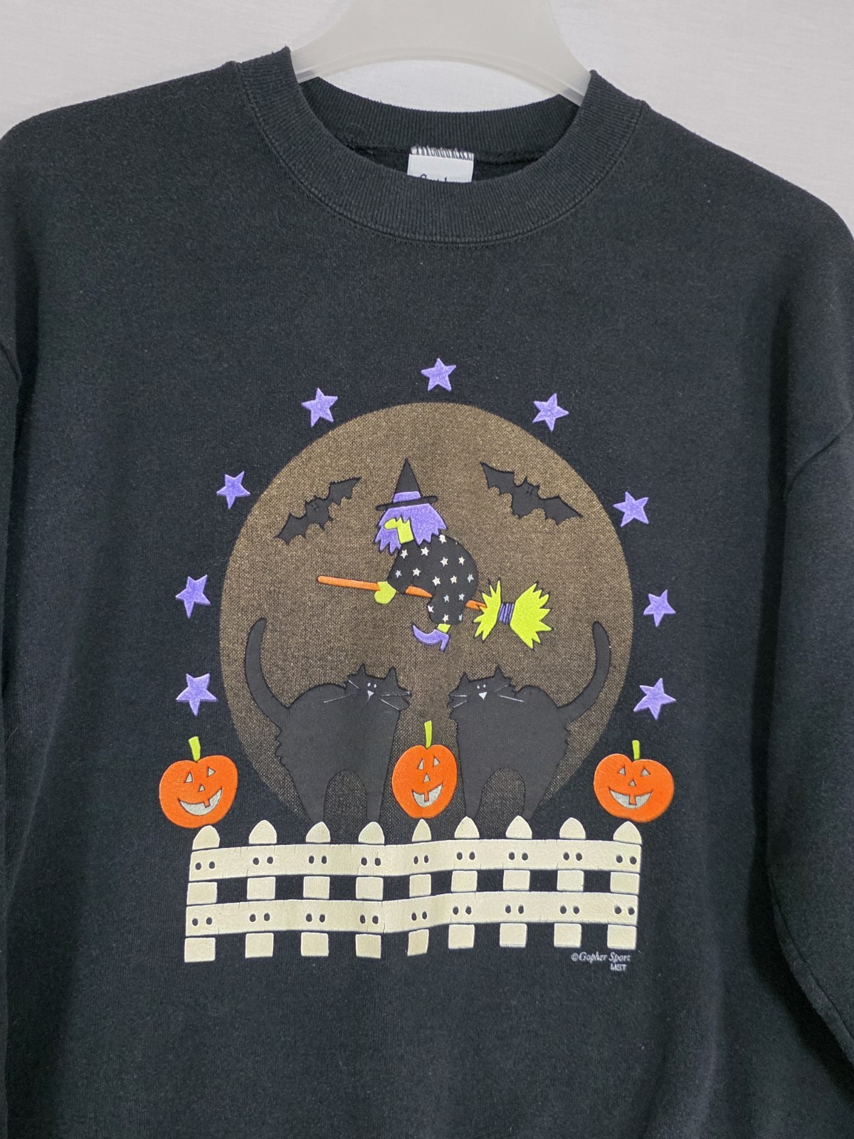 Vtg Halloween Gopher Sport Sweatshirt Women’s Black Sz L Flying Witch/Black Cats