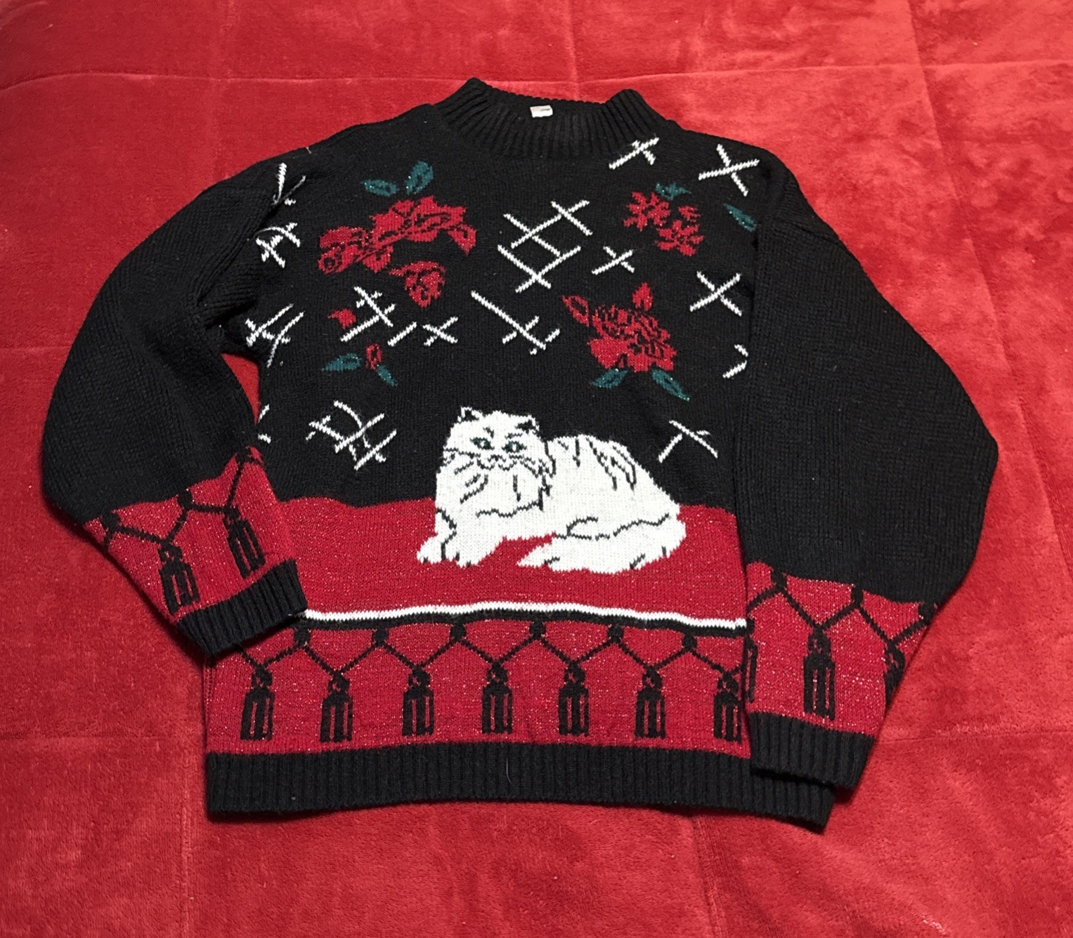 VTG SPUNKY Ugly Sweater Women Black Red Metallic Whimsygoth White Spooky Size?