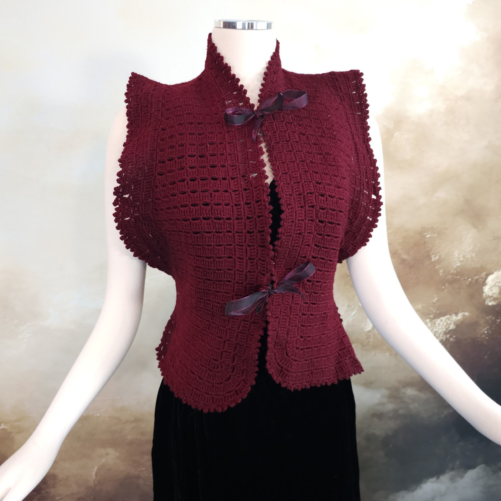 Burgandy Red Crochet Antique Vest 1920s 1930s Art Deco Sweater Shawl Bow Ties…