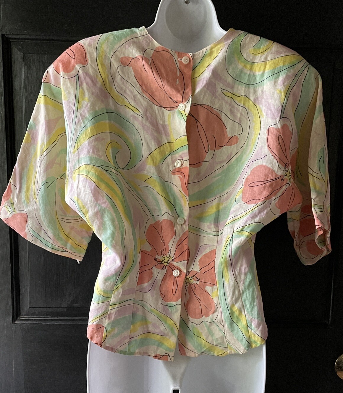 Vtg 80’s Workshop Fenn Wright Ramie Shoulder Padded Floral Blouse Size 8 Medium