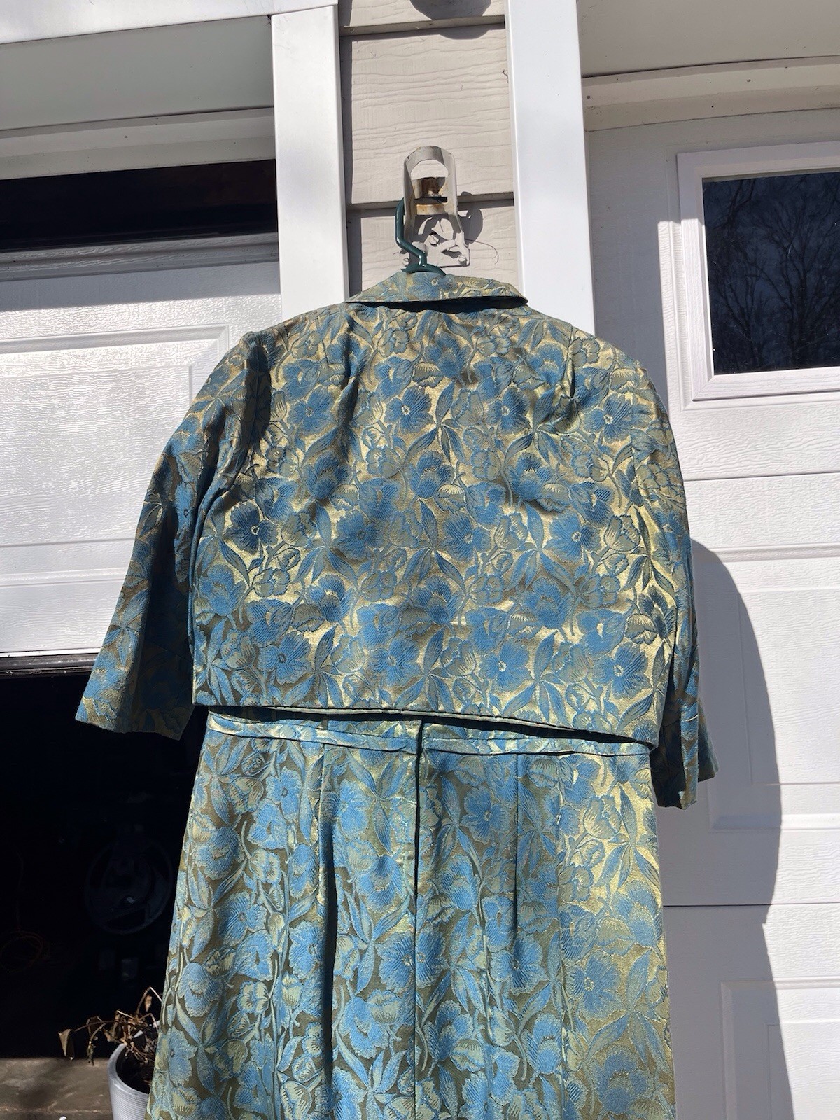 Vintage 1950s 1960’s Dress Brocade Green Gold Floral Sleeveless With Jacket M/L