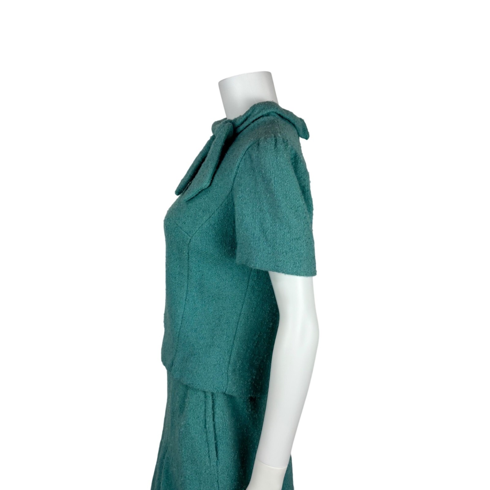 Vintage 60s Blue Suit Set Womens XS Bouclé Top & Skirt Bow Collar Mid-Century