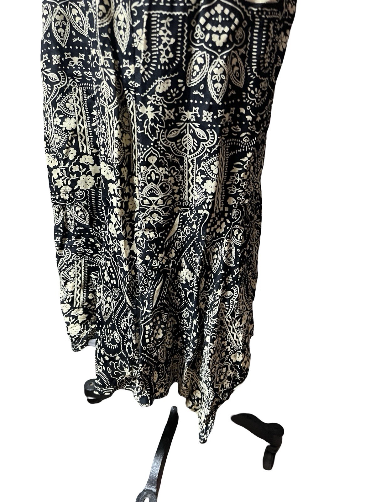 Vtg 90s Paisley Hi-Low Hem Midi Dress Womens 15/16 Black Cream Rayon Boho Grunge