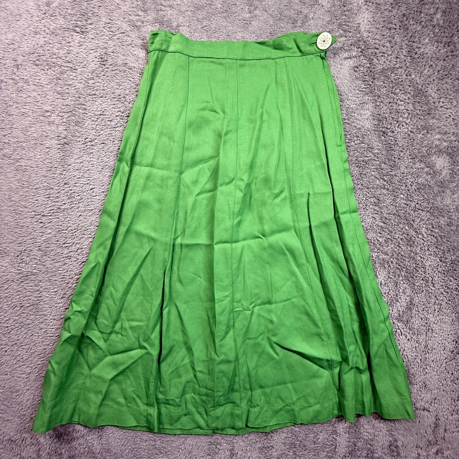 Vintage 70s Green Gabardine Pleated Maxi Skirt Womens Flower Button Back Zip XS