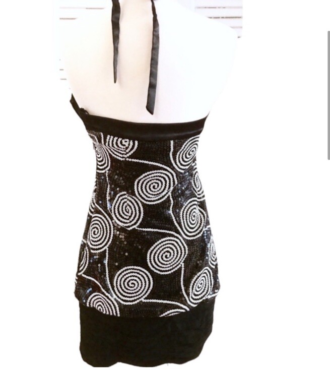 Vintage Late 1990’s Black & White Sequin Halter Dress by Cache, Prom Dress, 2