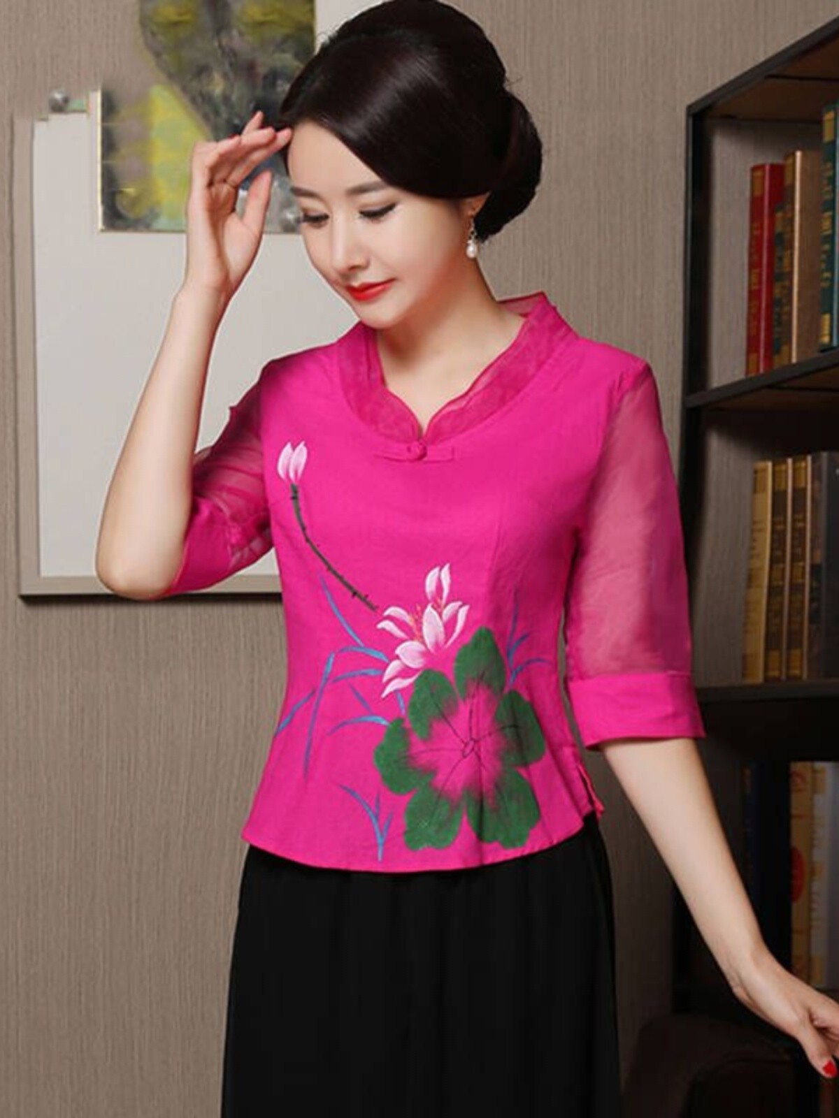 Chinese Blouse Flower Print Cotton Linen Oriental Hanfu Shirt Oriental Tang Suit
