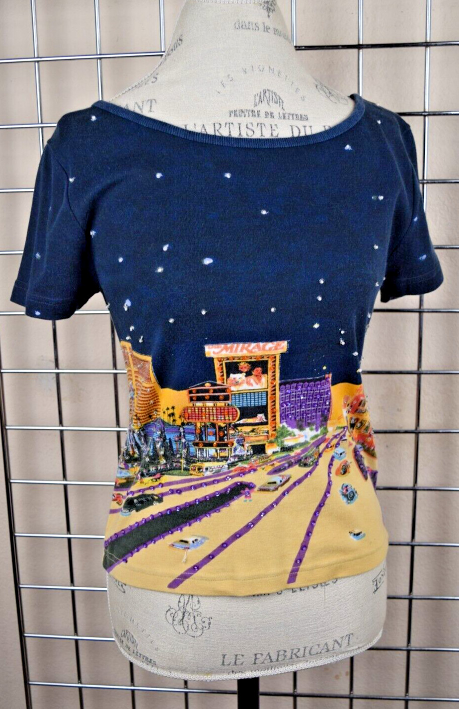 VTG Las Vegas Top Take Two Size S/M 80s City Scape Mirage Siegfried Roy Sequins