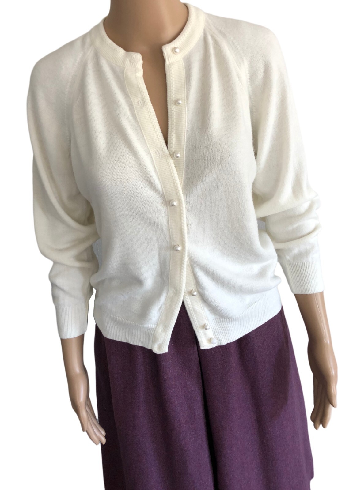 vtg Lord & Taylor Lightweight Cardigan Sweater PS Ivory Pearl Buttons USA