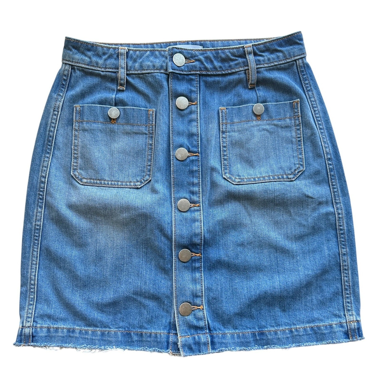 Ann Taylor LOFT Denim Skirt Blue Button Front Frayed Hem 70s Boho Casual Size 2