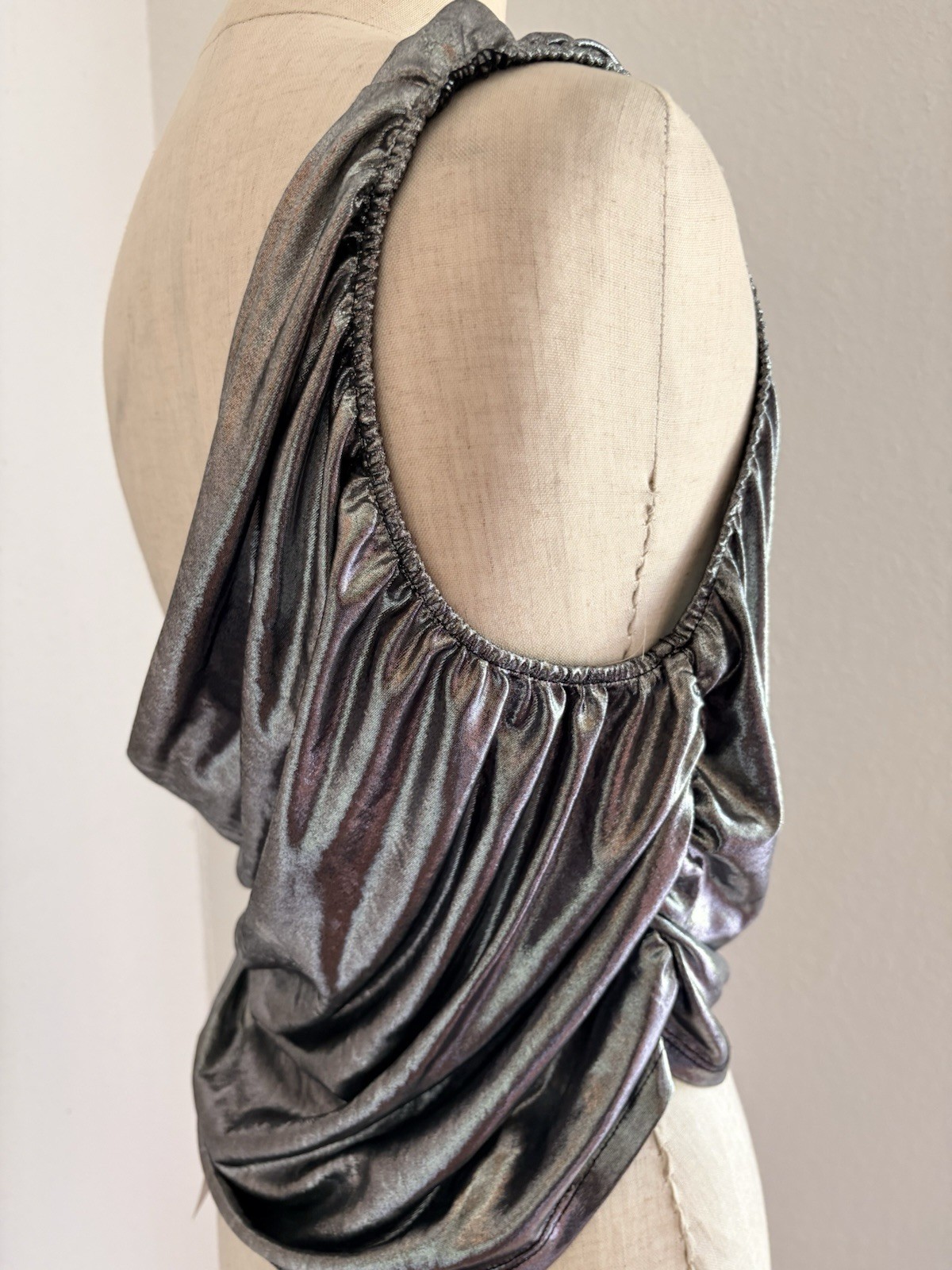 VTG WearEver Top One Shoulder Going Out Top Metallic Silver Lame Slinky Crop Y2K