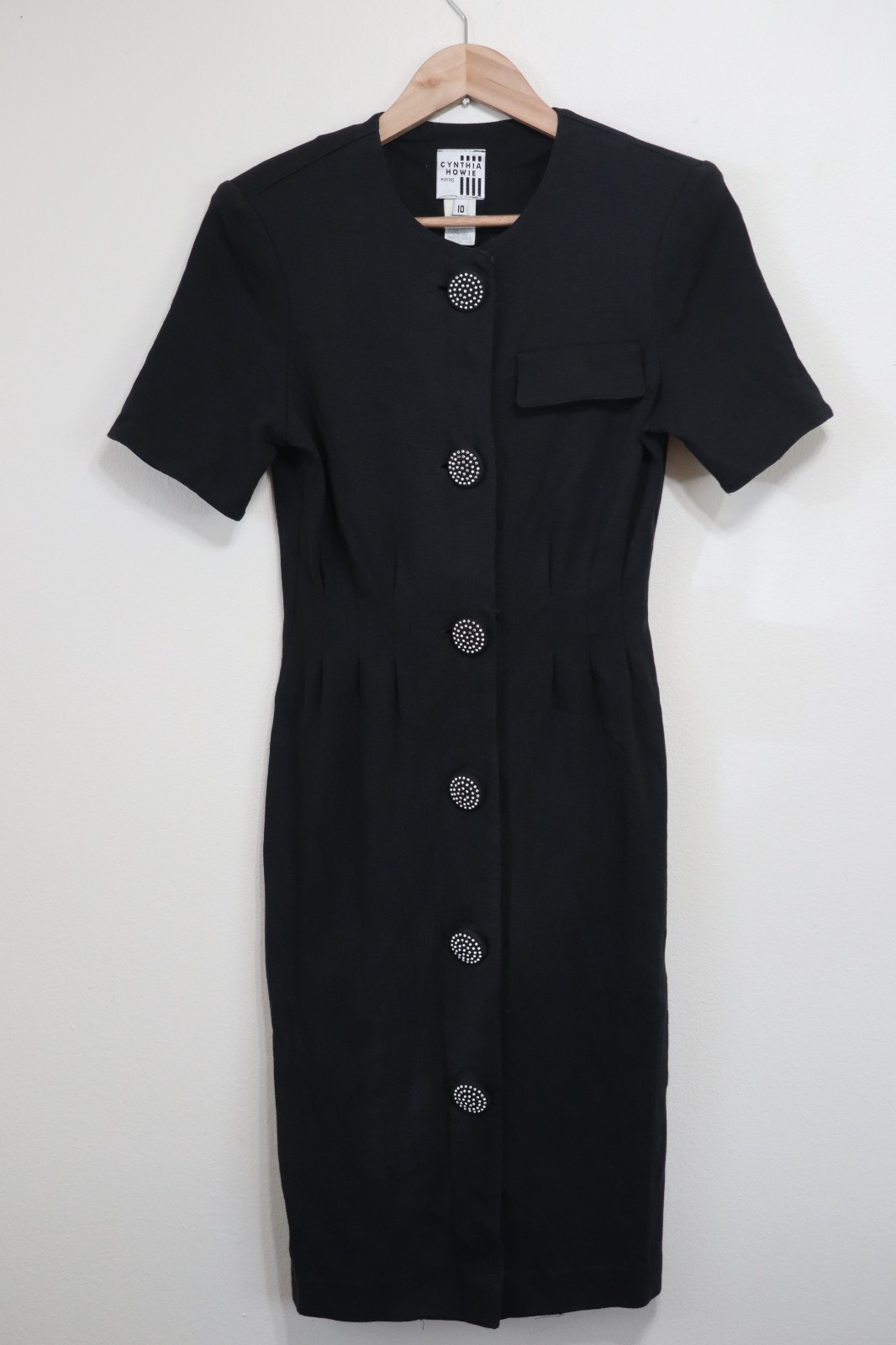 90s Vintage Cynthia Howie Black Knit Jersey Big Buttons Sheath Dress Women XS S