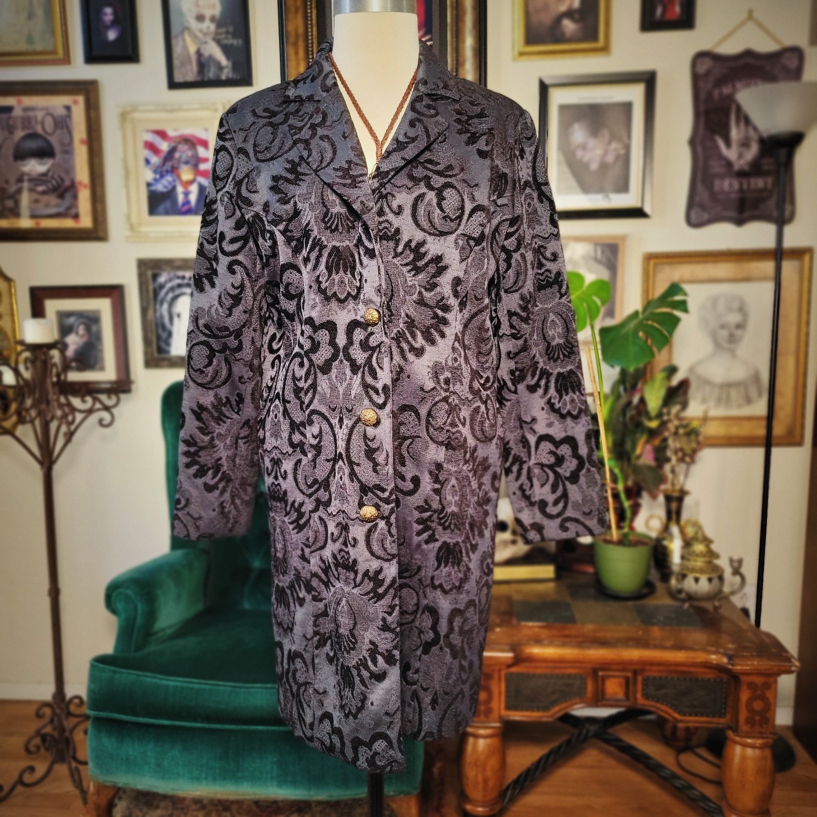Erin London Damask Coat Vintage 90s Tapestry Grey Black Brocade Long Jacket M