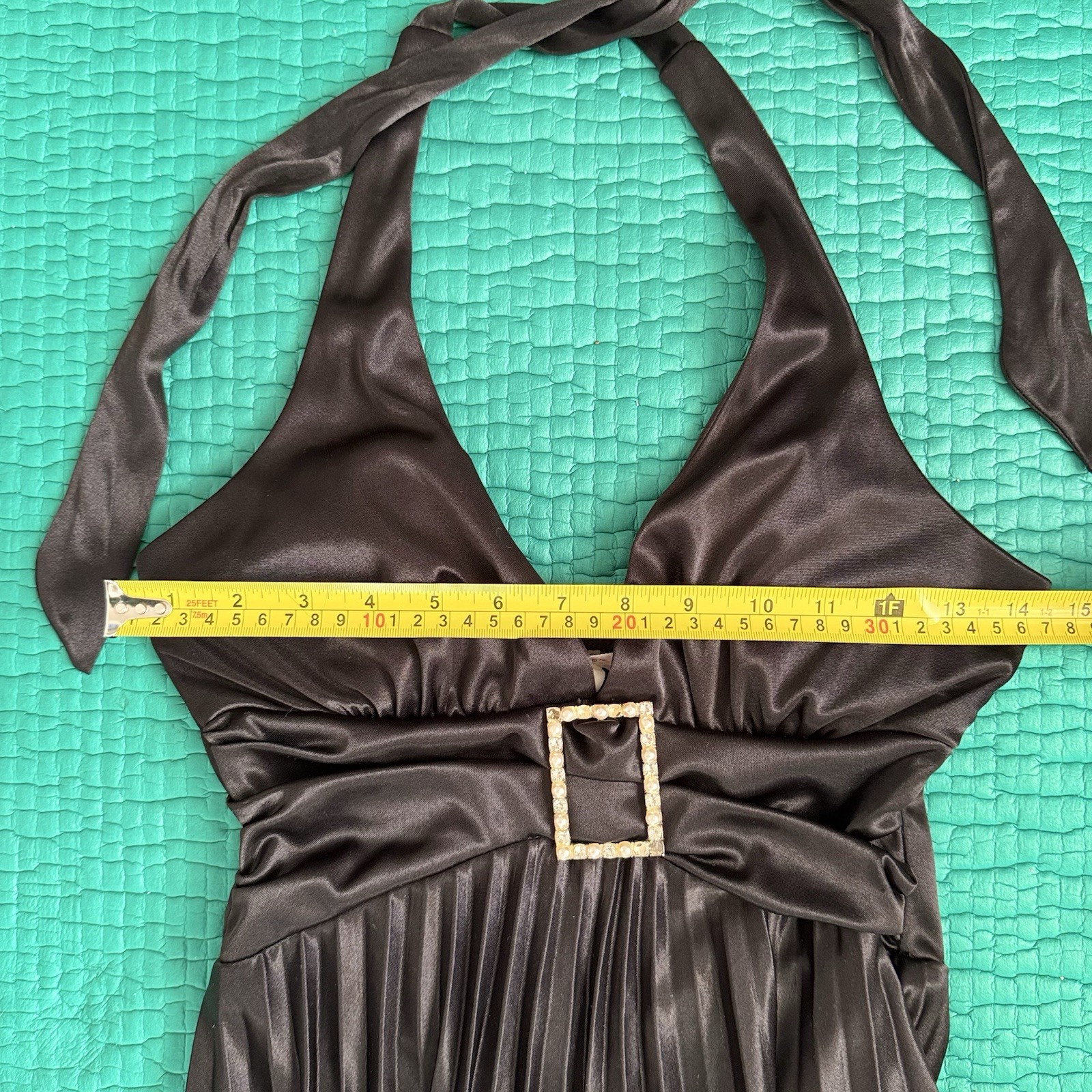 Vintage Y2K Speechless Midi Party Dress Halter Pleated Satin Black Sz S 2000s