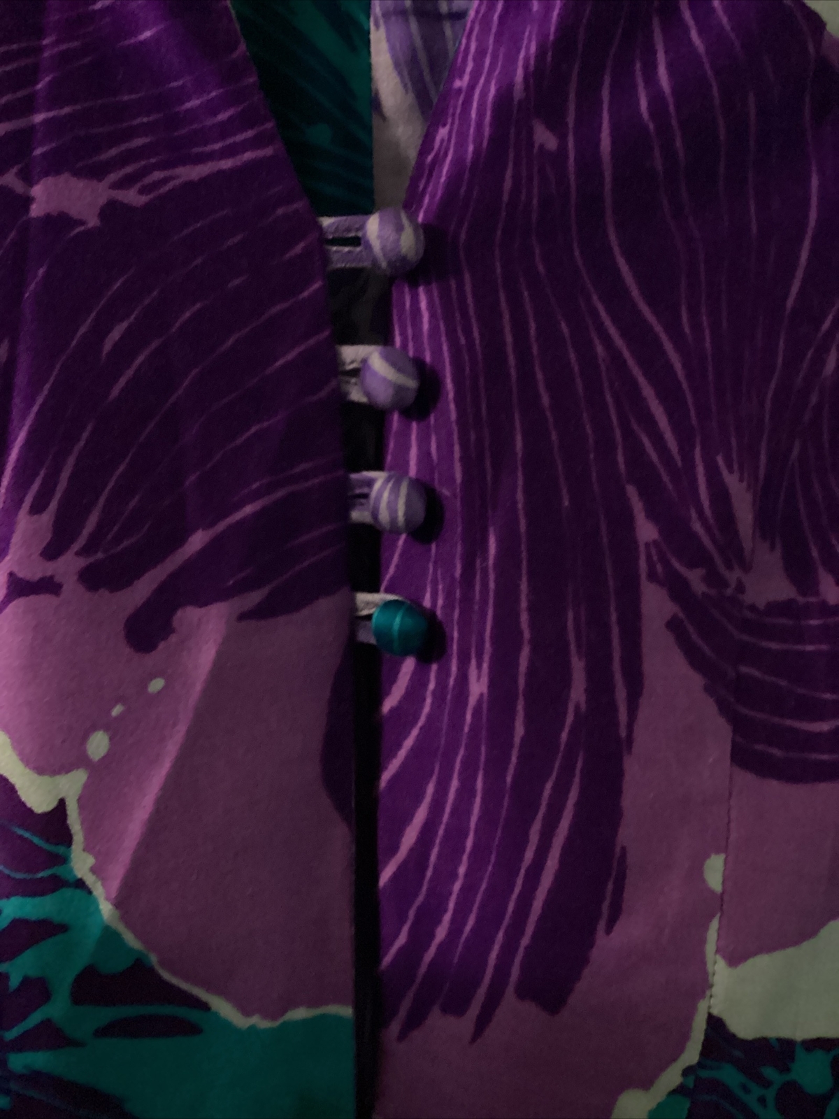 VTG Kiyomi Hawaii Maxi Dress Purples & Blues Button Front Belt Sleeveless Sz 12