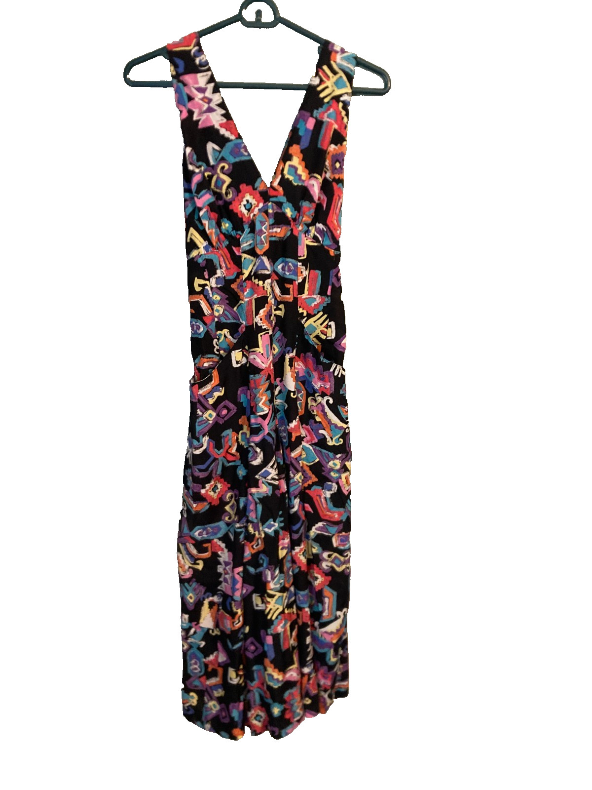 Bold Geometric Vintage Print Cross Back Strap Overall-Type Fitted Bust Dress