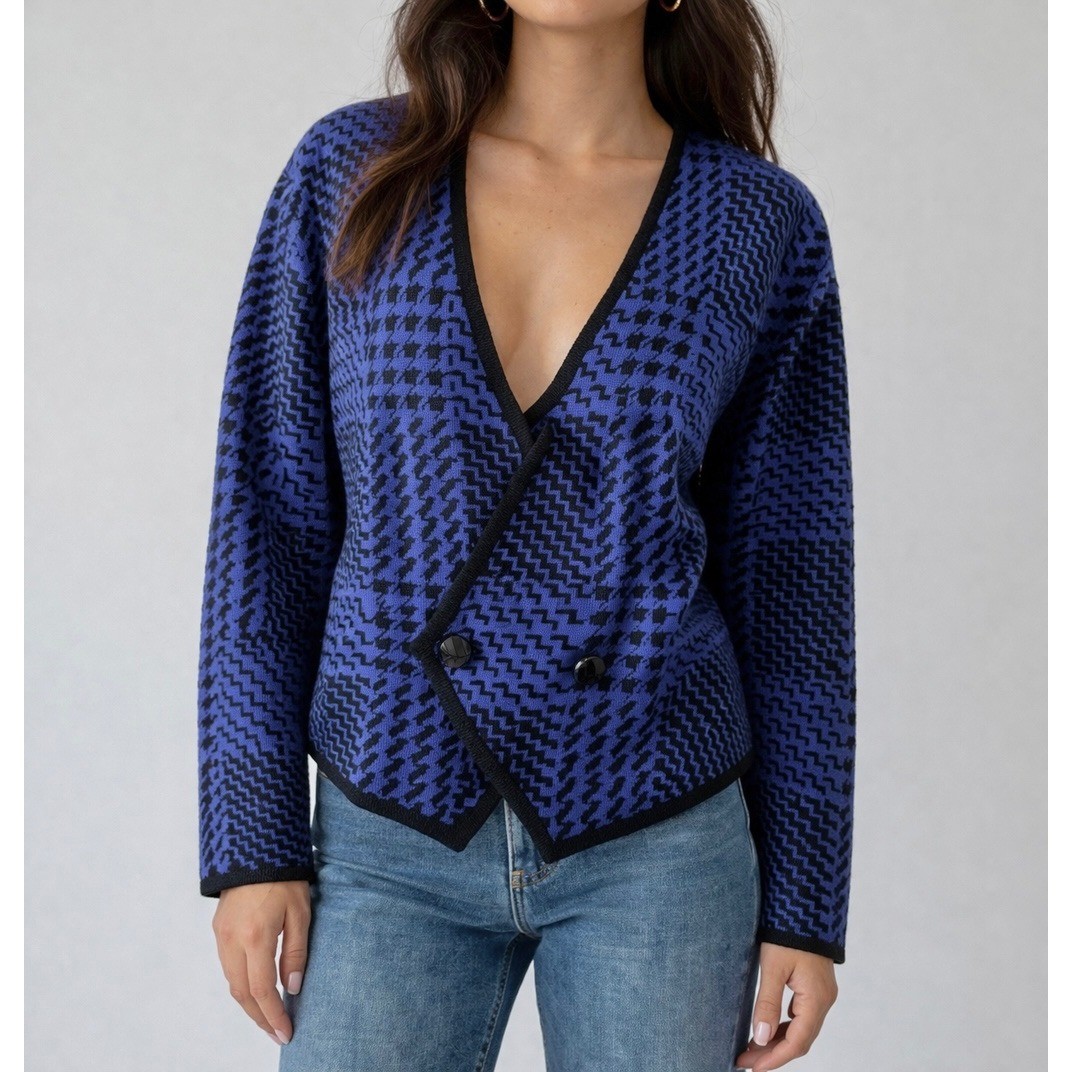 Ciao Ltd Vintage Cardigan Womens Large Blue Black Houndstooth Wool Blend Knit