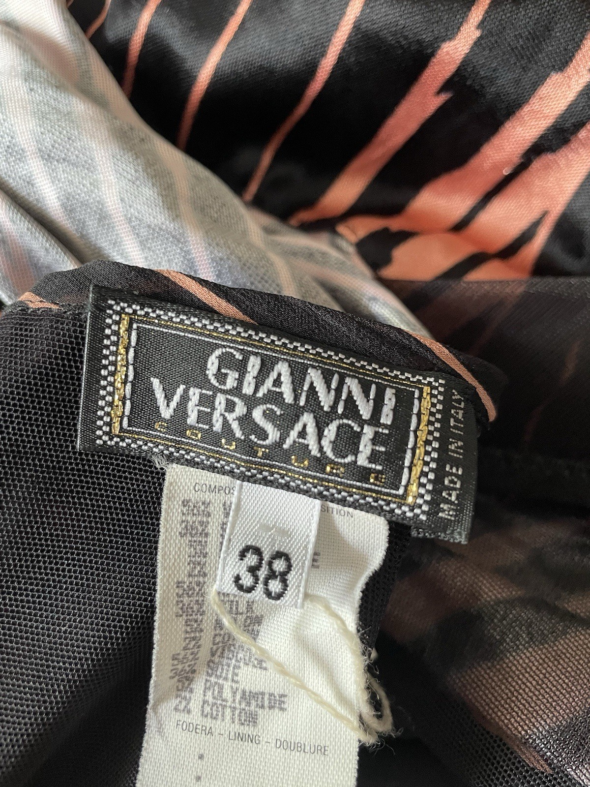 Vintage S/S 2000 Gianni Versace Pleated Black Orange Plunge V Dress Bodysuit XS