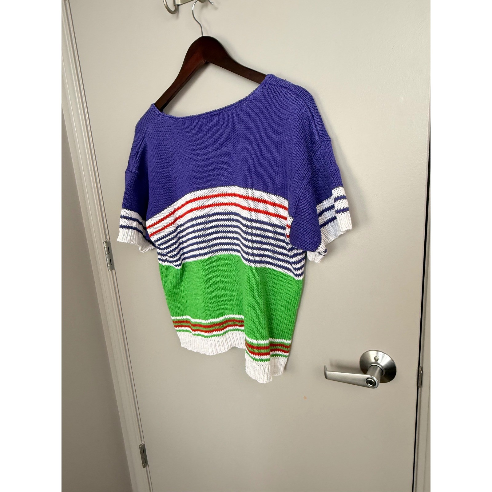 Leslie Fay Vintage 90s Knit Sweater Top Short Sleeve Colorblock Embroidered L