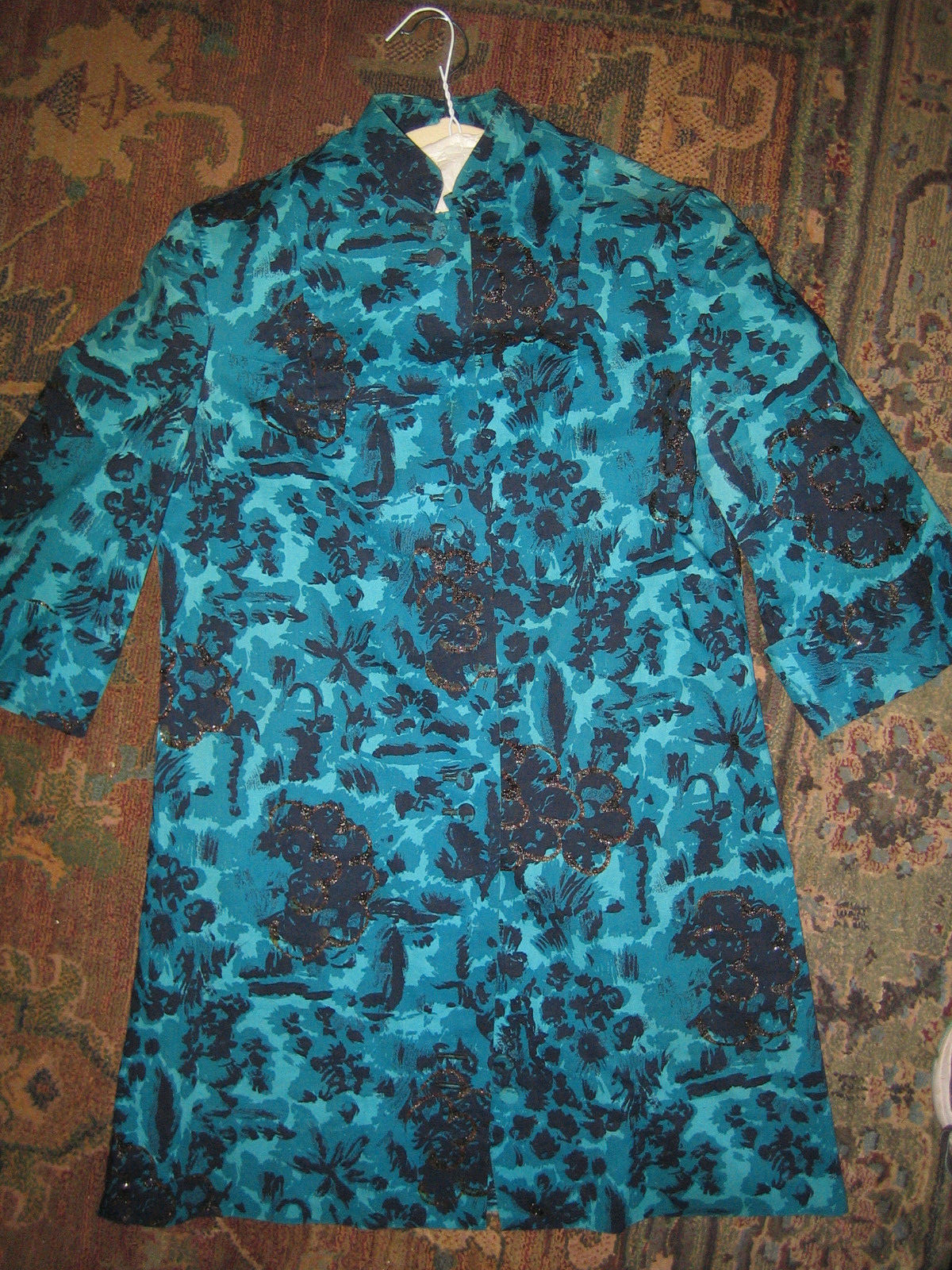 Vintage, Teal/Black Mandarin Collar Button Front 3/4 Sleeve Mini Dress/Tunic.