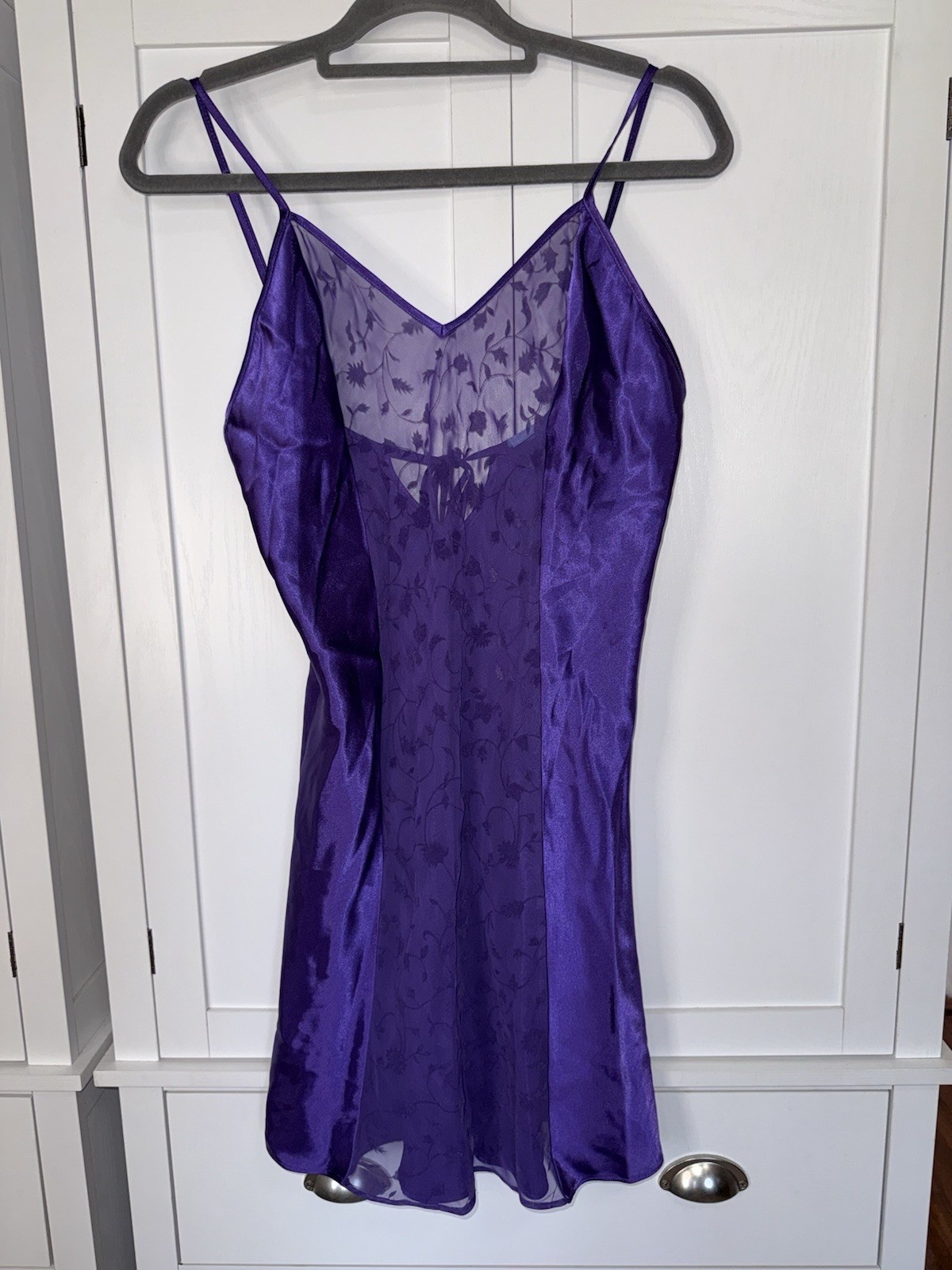 Vintage Warner’s Sleepwear Purple Satin Slip Nightgown M Sheer Floral Mesh Y2K