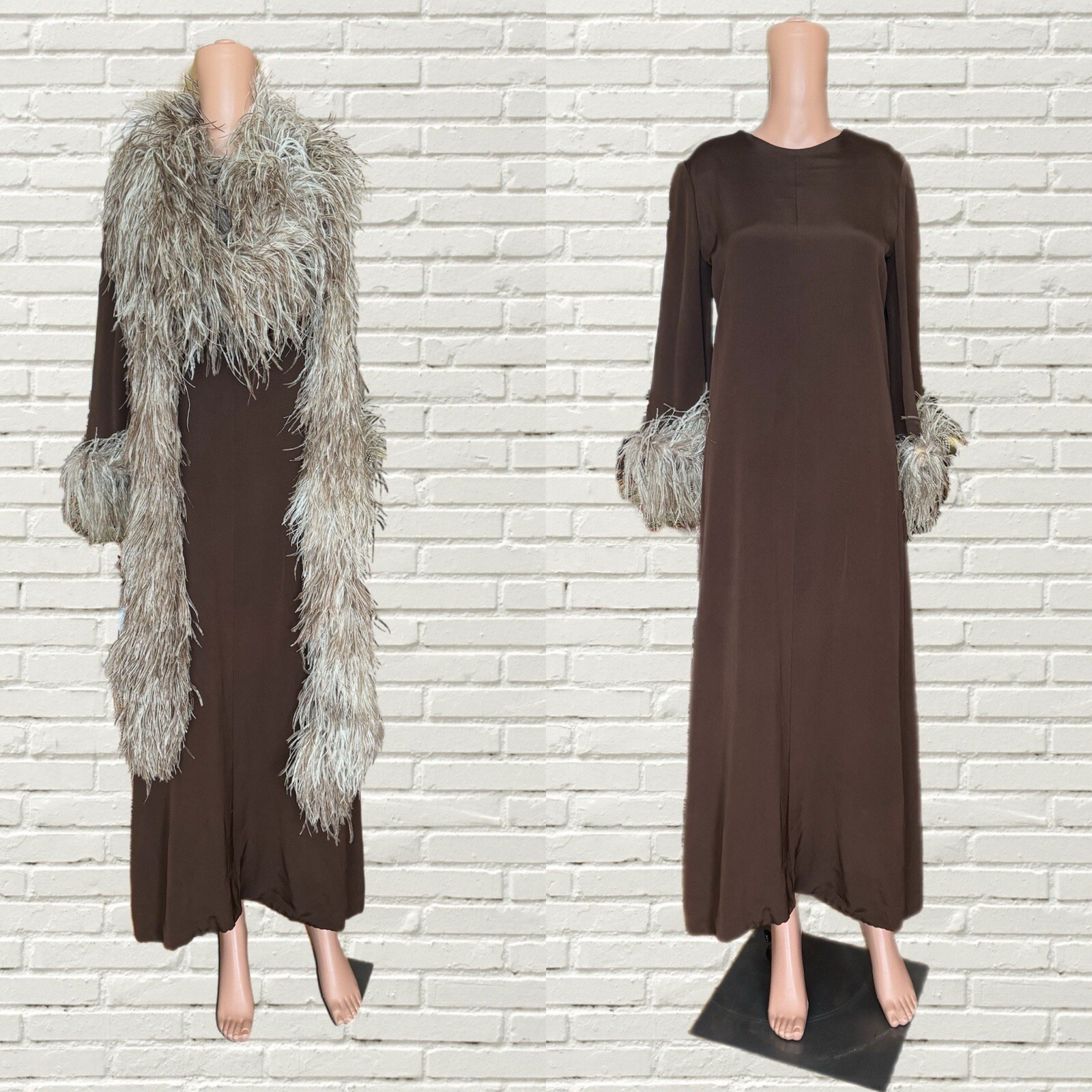 Vintage 60s 70s Bill Blass Gown Brown Ostrich Feather Trim / Boa