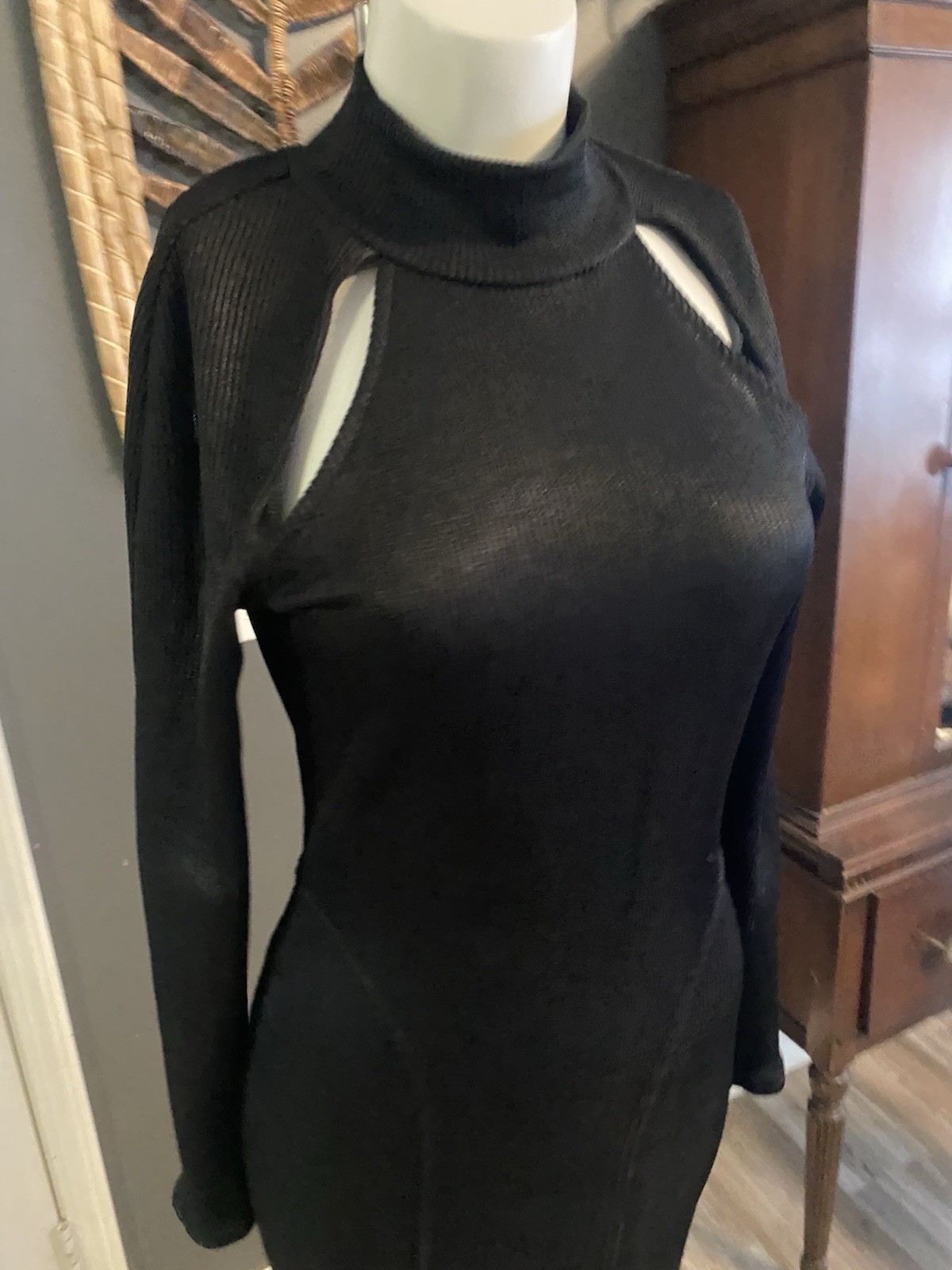 Vintage 90s L.A. GLO Black Bodycon Black Cut Out Dress Size S Ribbed Knit