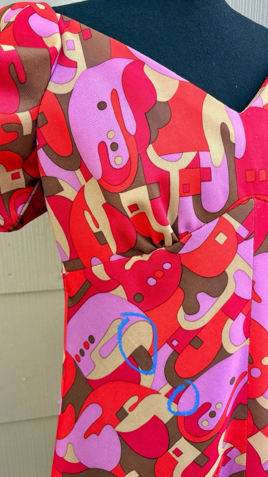 vtg 60s Colorful Geometric Print Flounce Sleeve Psychedelic A-Line Swing Dress