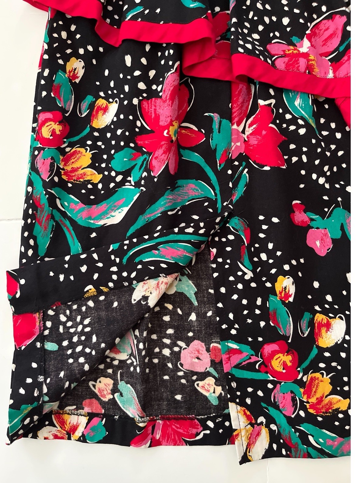 Vtg 80s Choon California USA Dress Women 6 Black Floral Print Peplum Cotton