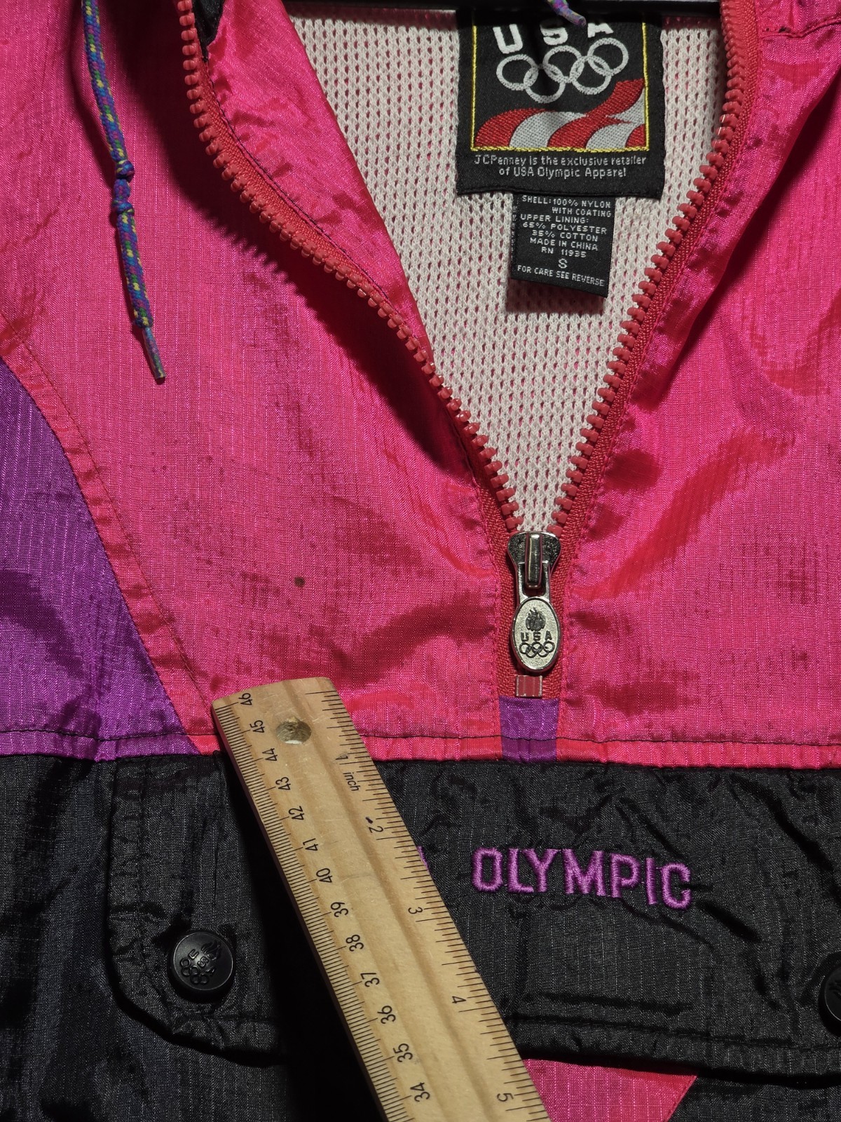 Vintage 90s USA Olympic Windbreaker Pullover Jacket Pink Black Size Small