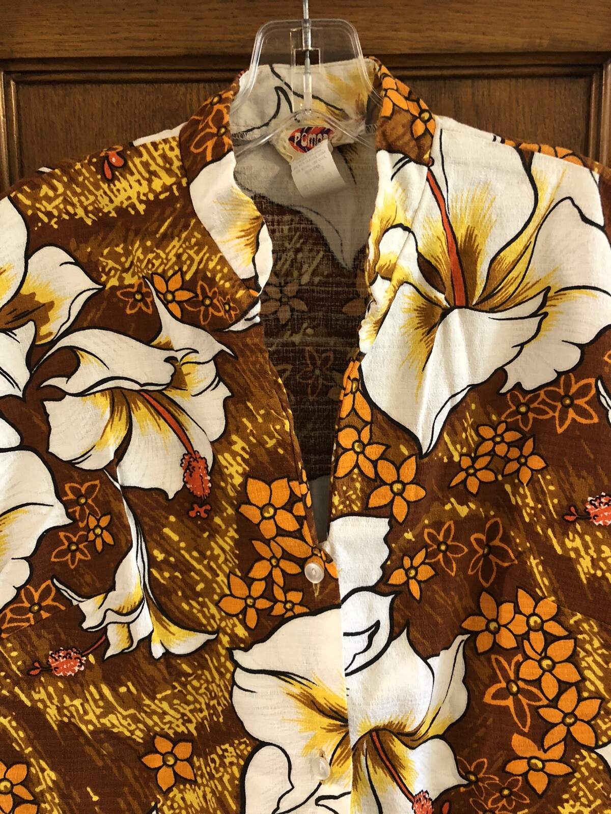 Pomare Hawaii Vintage Women’s Barkcloth Shirt Tropical Mandarin Collar Women’s S