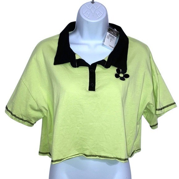 Cropped Lime Green Polo Vintage 90s 2000s Style Embroidered Daisy Juniors Large