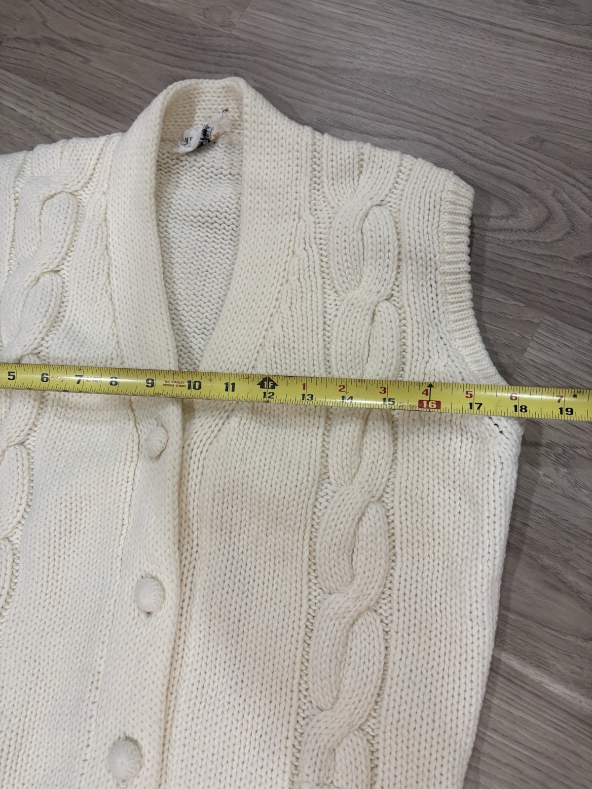 VTG Full Fashioned Loomed Ivory Knit Sweater Vest Button Up Pockets NO BELT Sz M
