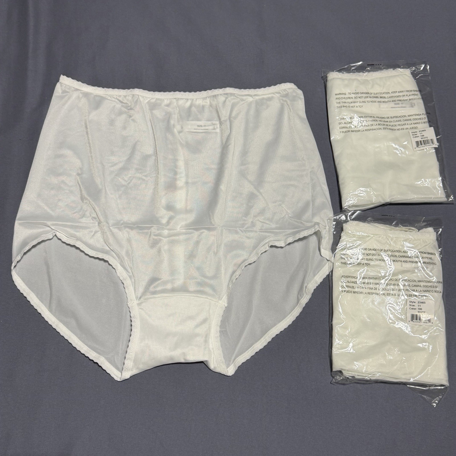 3 Pair Vintage Bali 23465 White Nylon Satin Full Cut Brief Panties Size 11