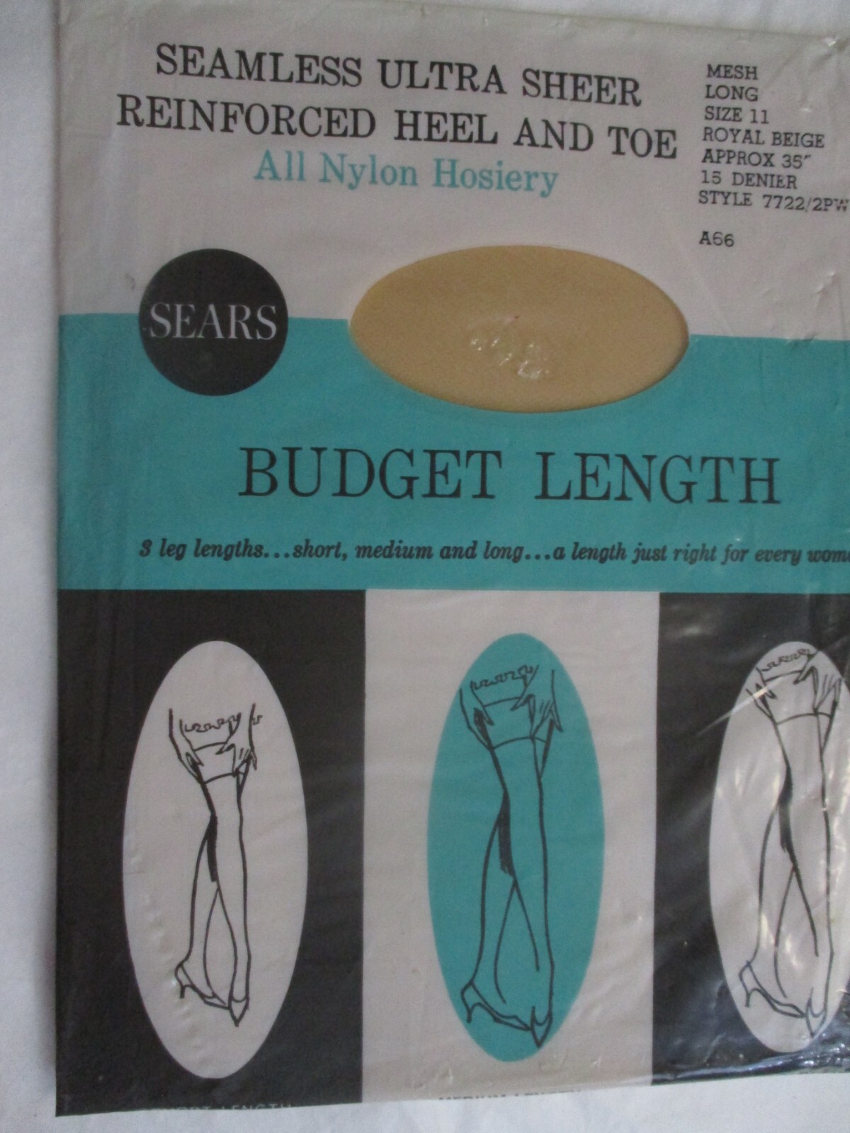 1PR VINTAGE SEARS RHT SHEER MICRO MESH NYLON STOCKINGS SIZE 11 LONG 35″ BEIGE