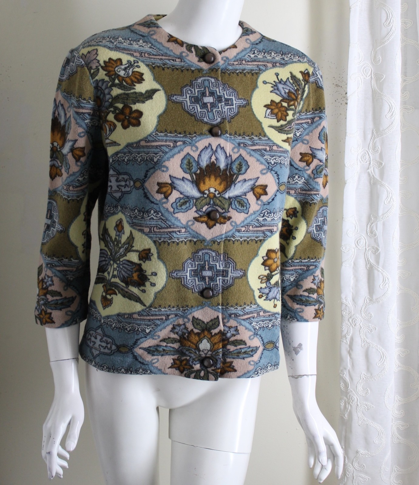 Vintage 1970s KIO 100% Wool Glam Art Boho Printed Cardigan Sweater Sz M L 10 12