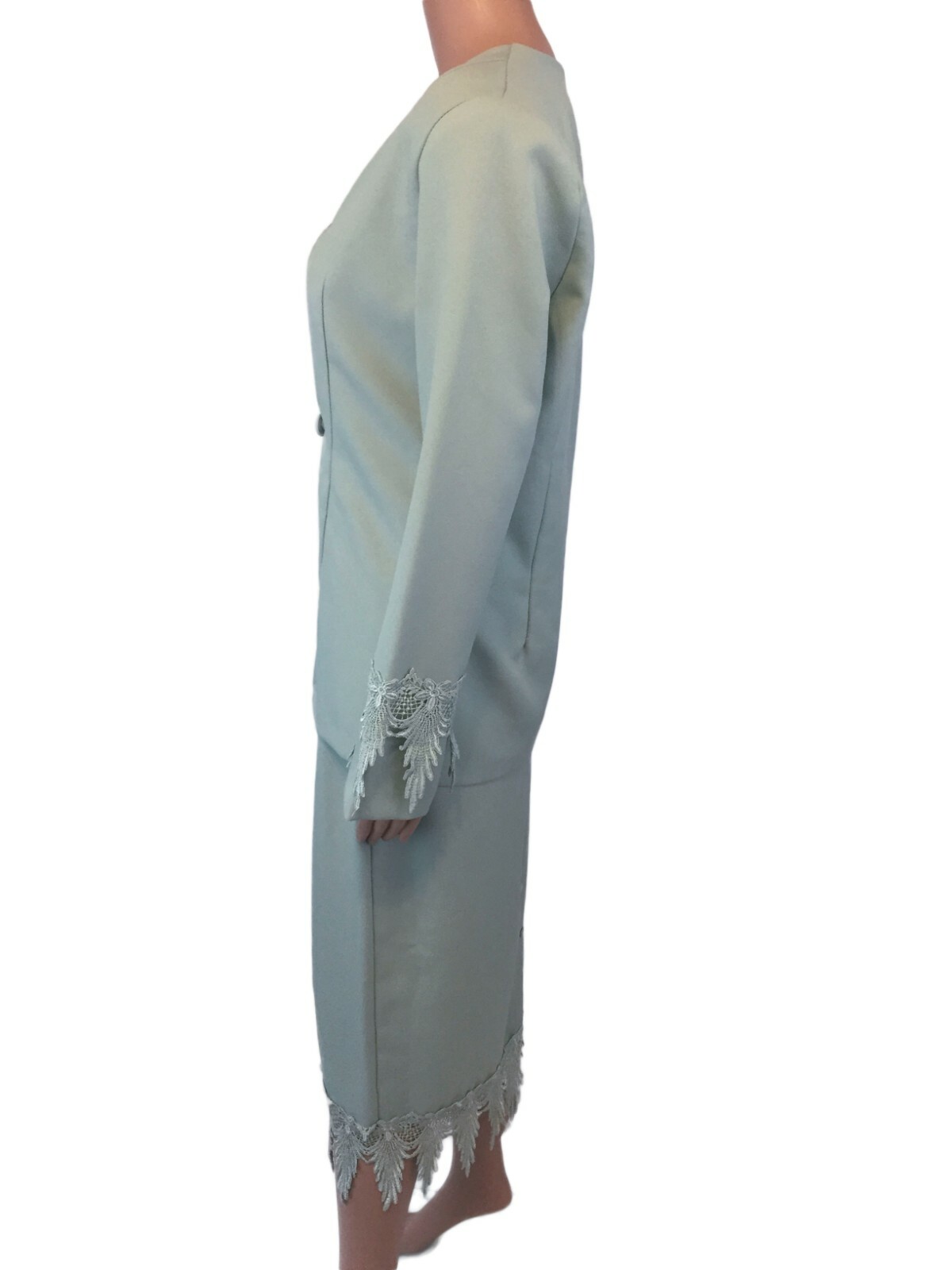 Vintage Mode Sara Light Green Blazer and Skirt Set w/ Floral Lace Trim Sz Large