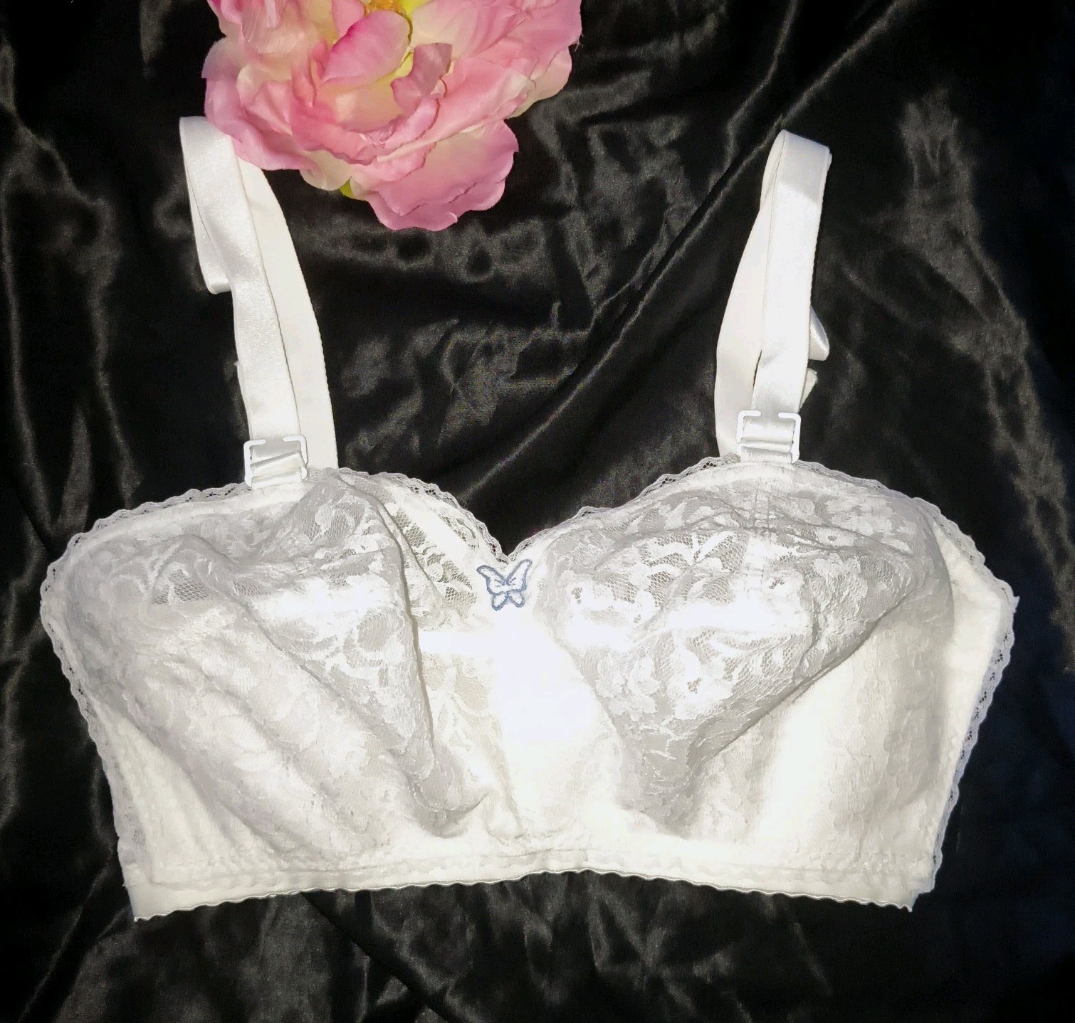 Vintage NOS White Nylon Lace Bra Pinup Pointy Bullet Bra 30G High Lift