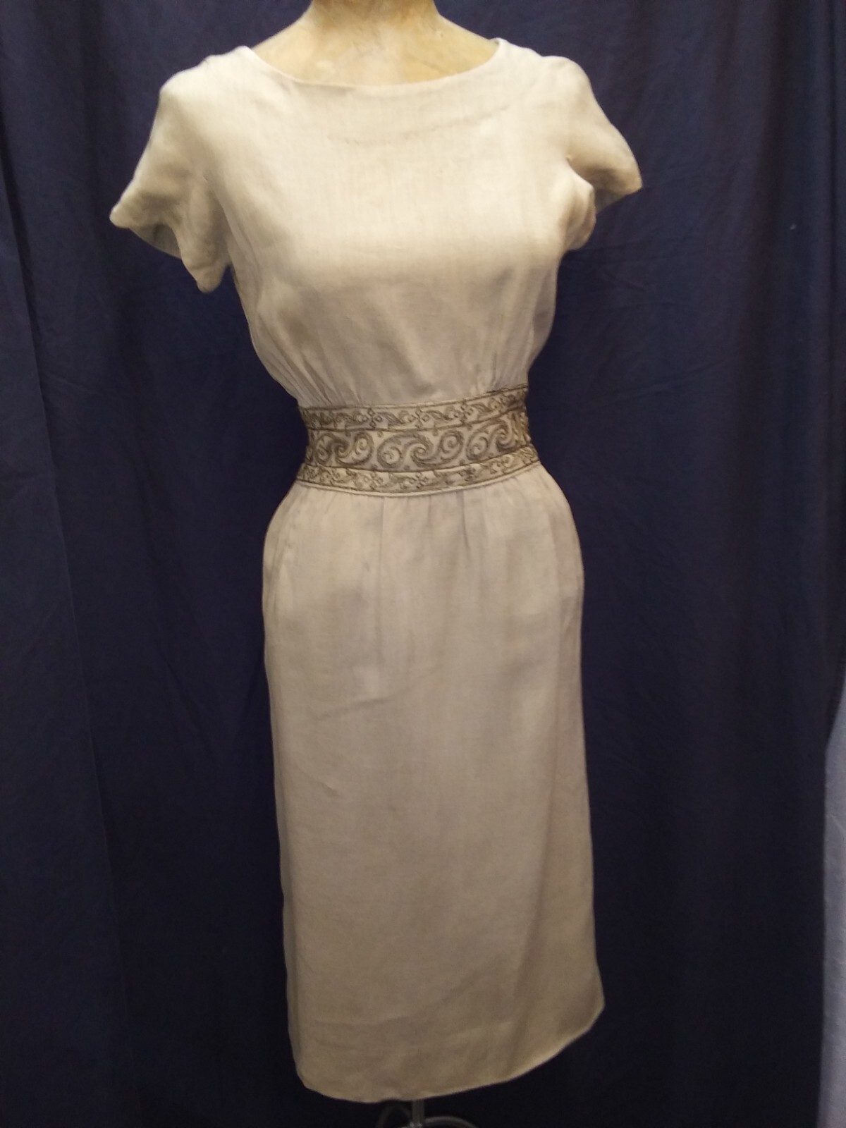 Vintage 1950’s Tan Linen Brown Embroidery Dress & Jacket Carlyle Moygashel S