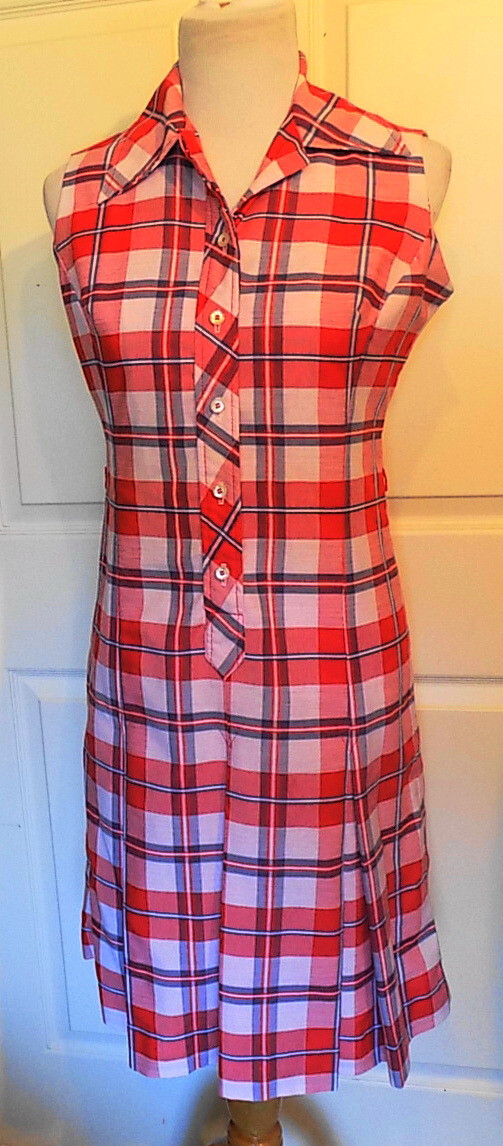 Vintage 70s Red White Blue Plaid Sleeveless Dress Forget me Not by Fairview Sz 8
