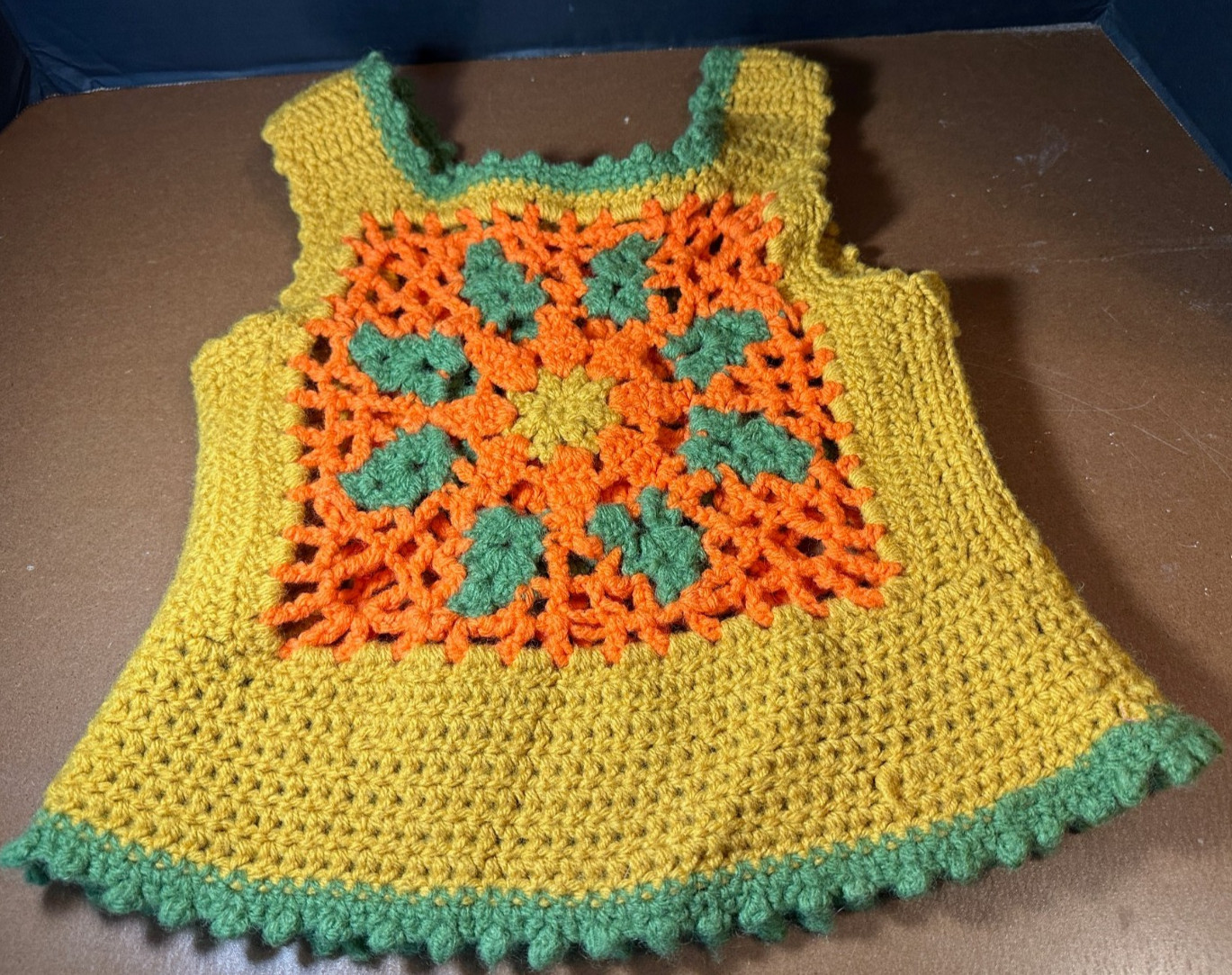 Crochet Vest vintage Handmade Granny Square Green Yellow orange size small?