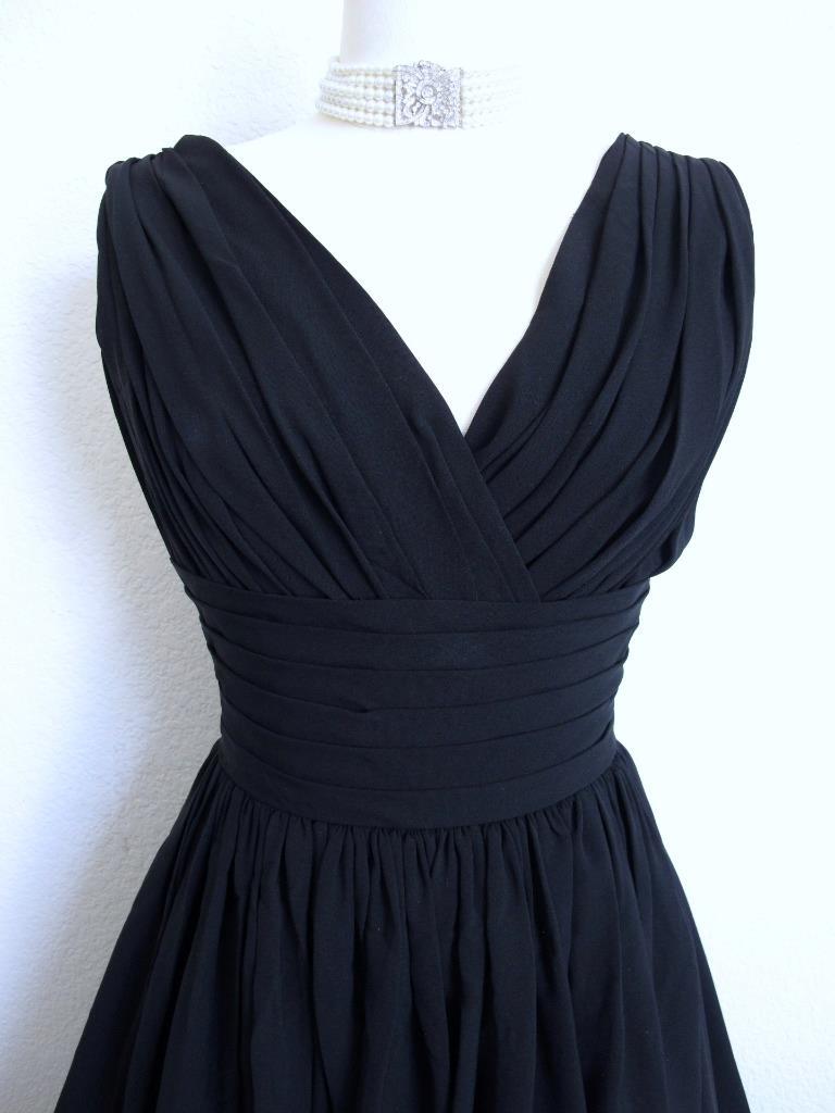Vintage 50s Miss Elliette Black Cocktail Dress XS Bombshell Ruched Full Skirt