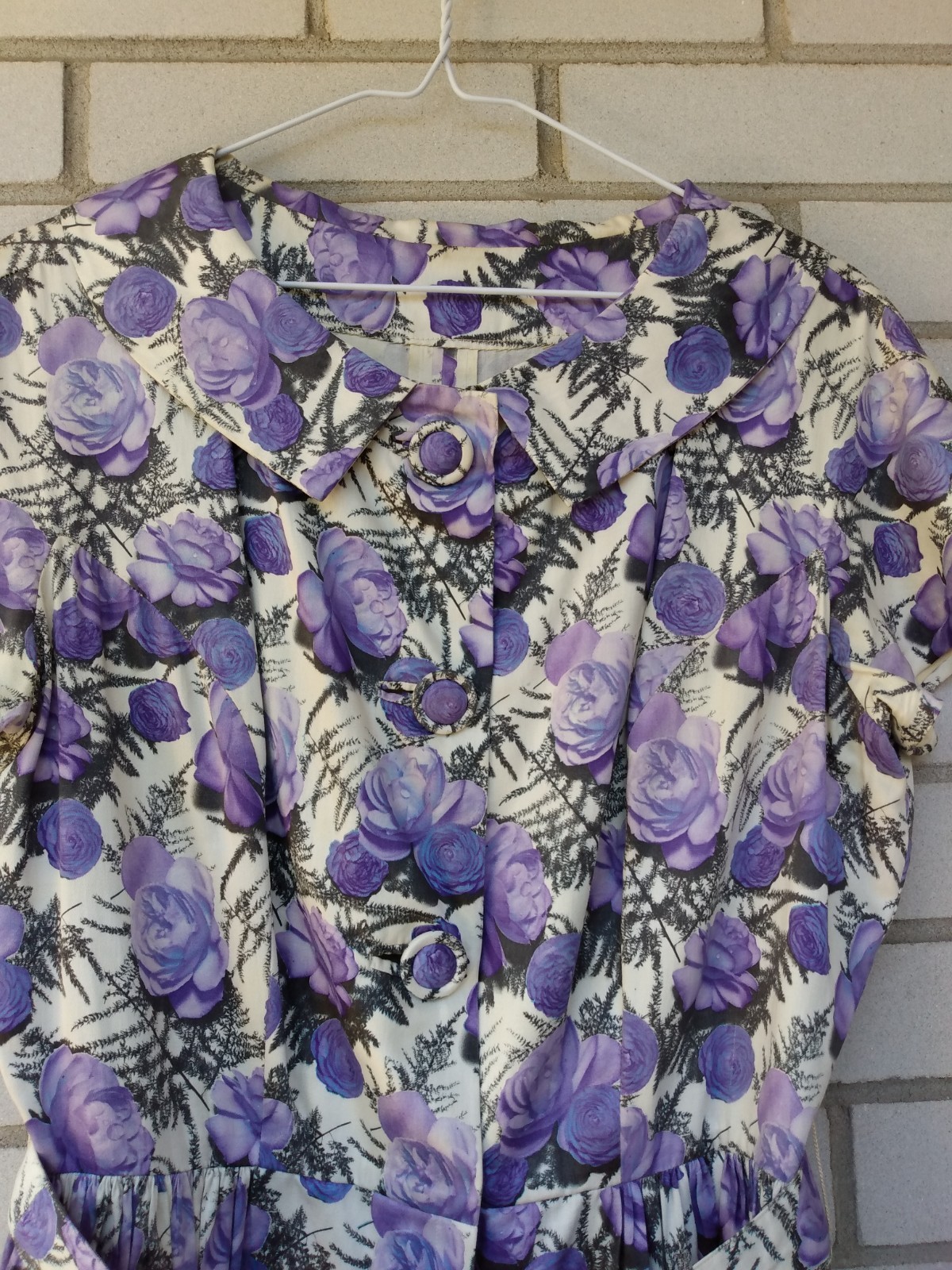 Vintage 50s Purple Rose Dress 42″ Bust 28.5″ Waist Rockabilly Tea Party 60s