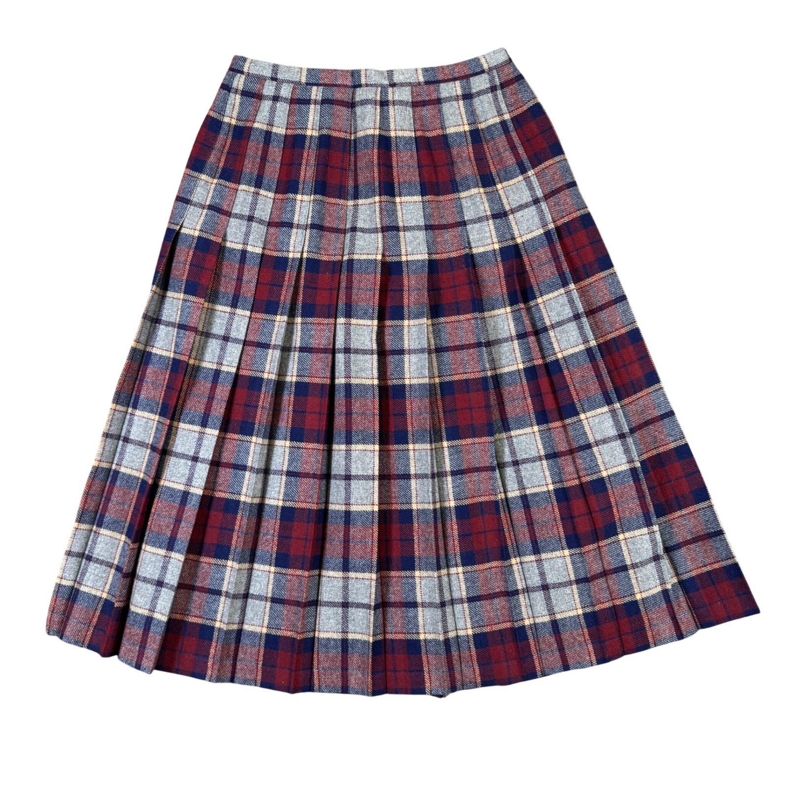 Brendella Vintage Wool Plaid Pleated Skirt Grey Red Navy Blue Made in Ireland 28