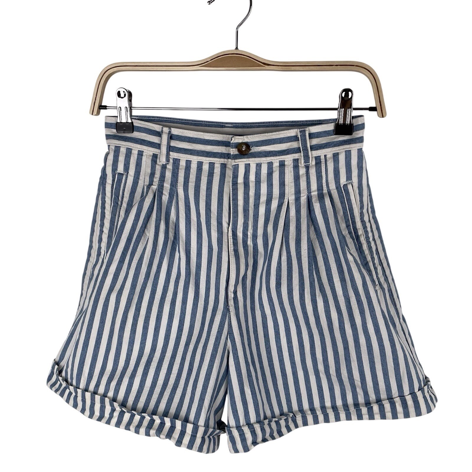 VTG 80s Stripe Short High Waist Pleated White Blue 100% Cotton SZ 5/6